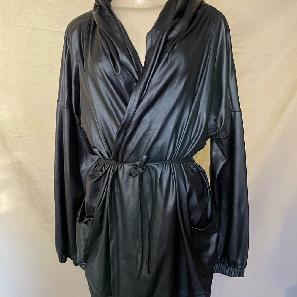 Black Faux Leather Women's Jacket with Drawstring